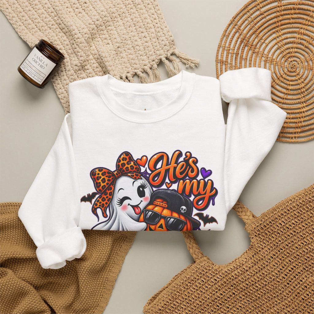 Sweatshirt — "He's My Boo Thing" Halloween Ghost & Jack-O'-Lantern Crewneck