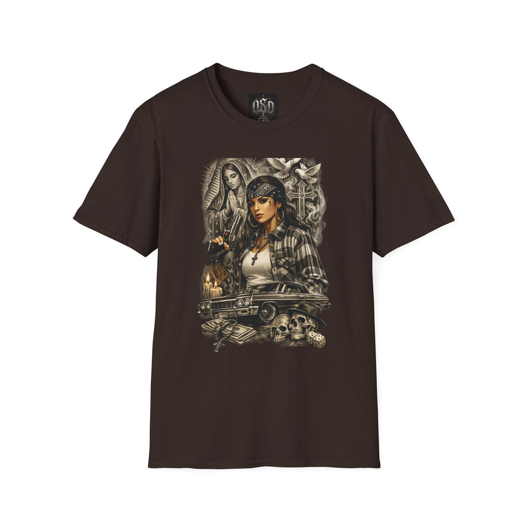 Chicana Lowrider Art T-Shirt – Virgen & Cholo Girl Vintage Streetwear
