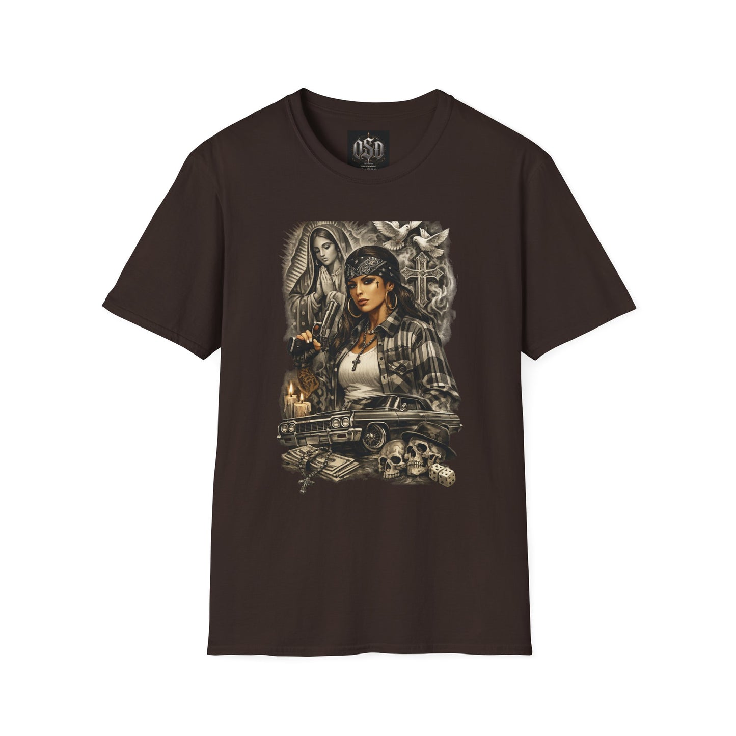 Chicana Lowrider Art T-Shirt – Virgen & Cholo Girl Vintage Streetwear