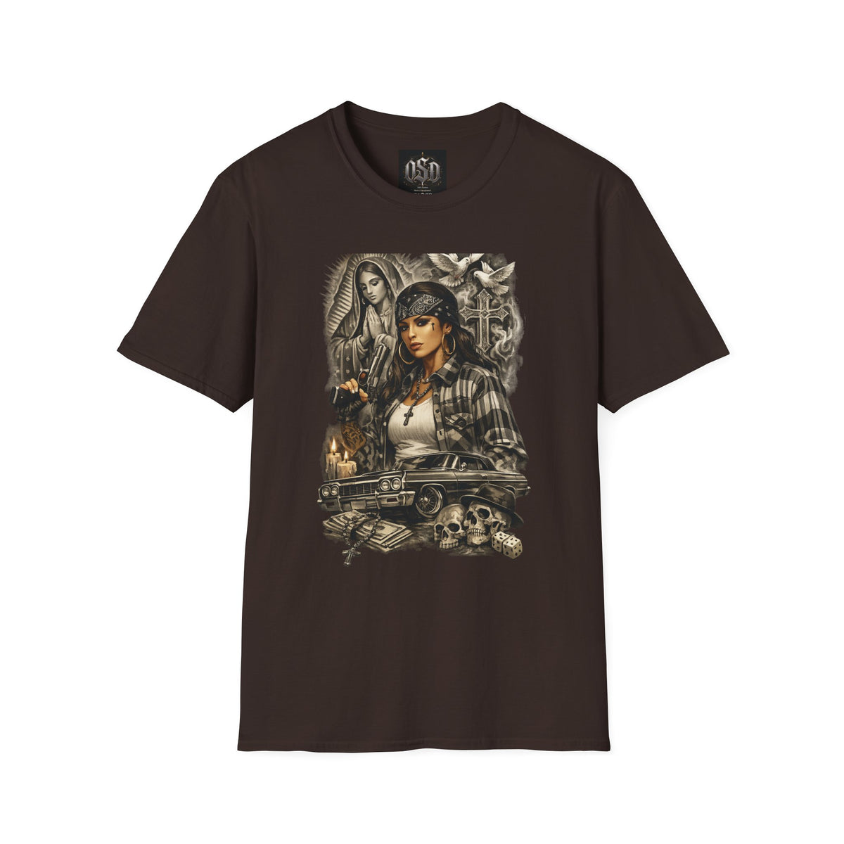 Chicana Lowrider Art T-Shirt – Virgen & Cholo Girl Vintage Streetwear