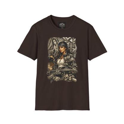 Chicana Lowrider Art T-Shirt – Virgen & Cholo Girl Vintage Streetwear