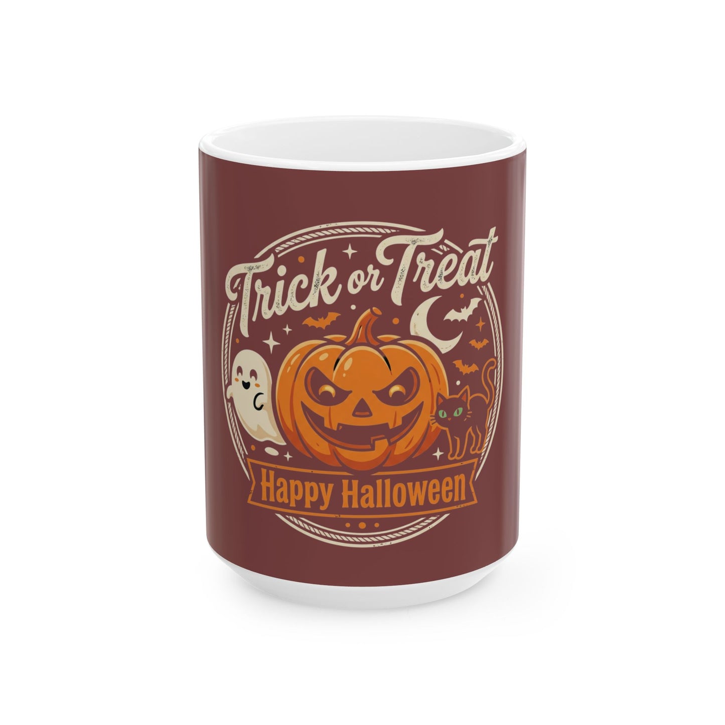 Halloween Trick or Treat Mug — Pumpkin, Ghost & Cat Ceramic Coffee Cup (11oz/15oz)