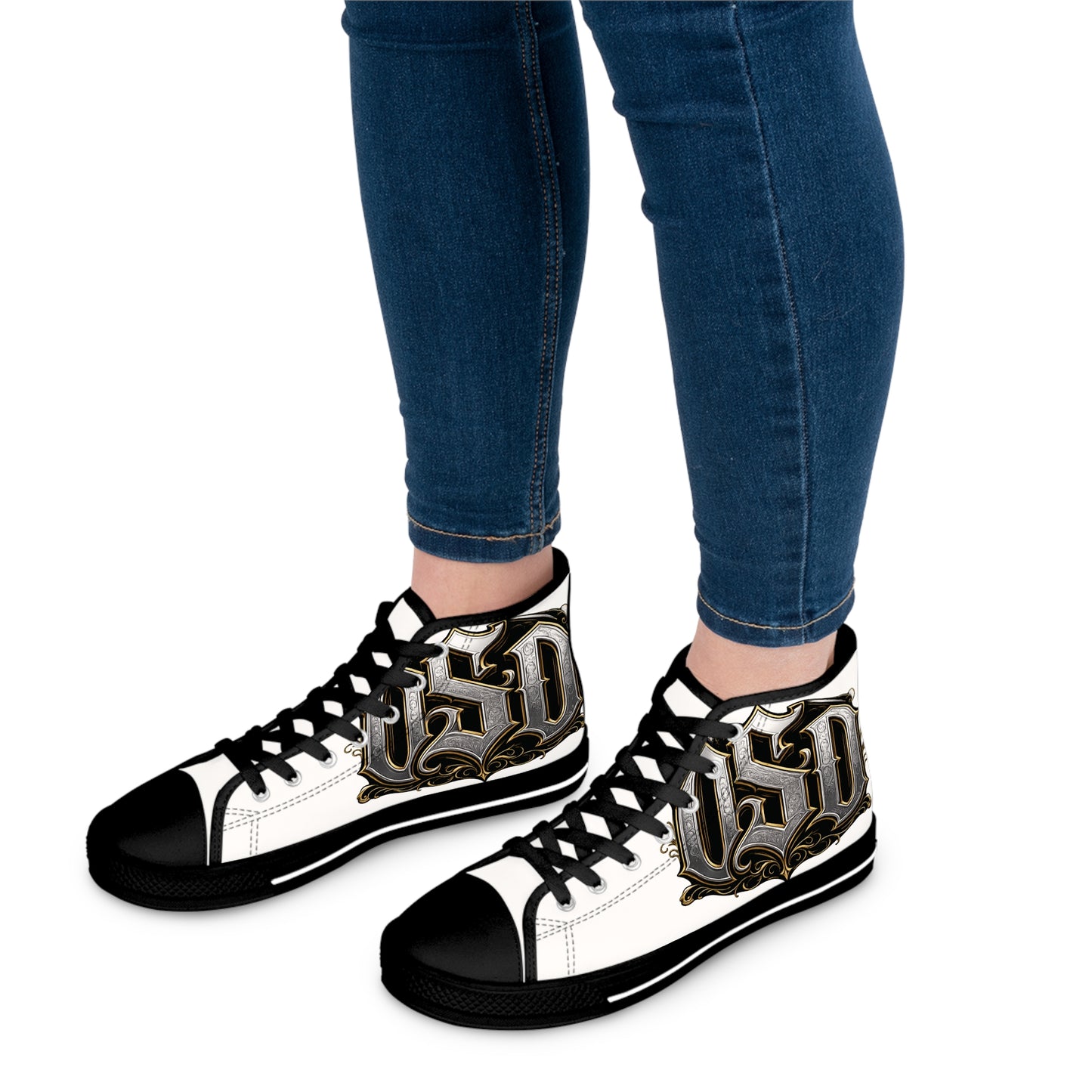 Women's High Top Sneakers — Gothic Monogram Black & Gold Vintage Initials