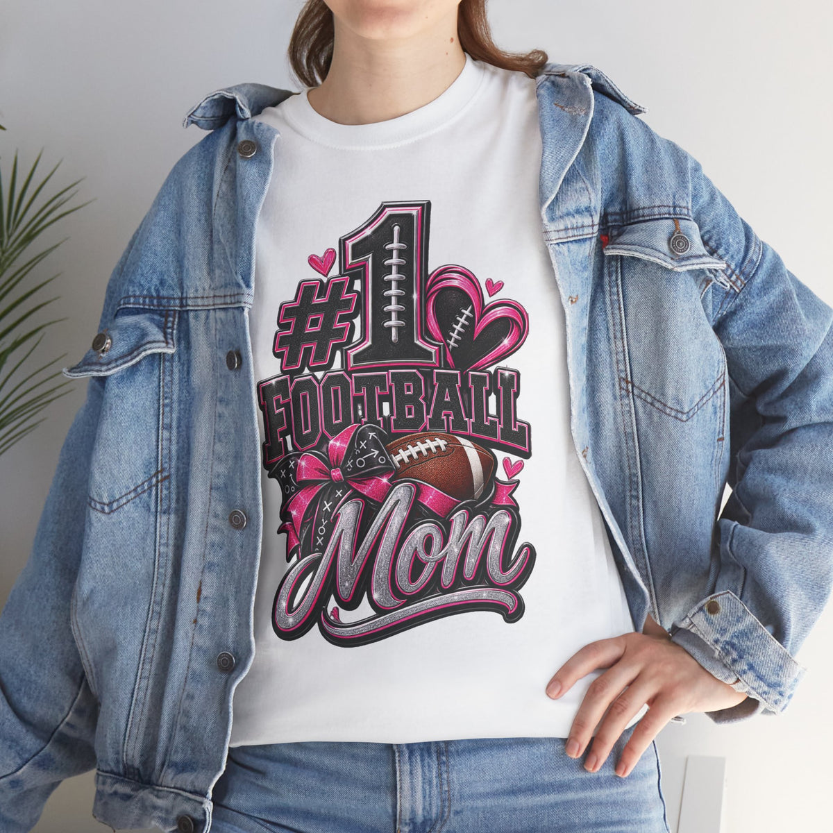 #1 Football Mom T-Shirt — Pink Heart Football Mom Tee for Game Day