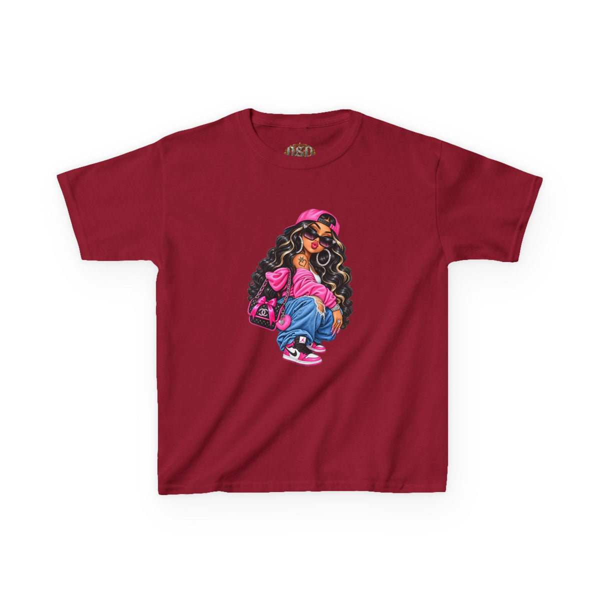 Kids Tee — Cool Girl Graphic Shirt (pink hat, backpack)