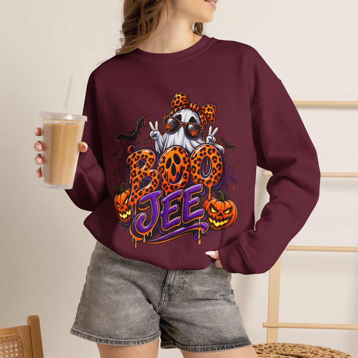Halloween Ghost Crewneck Sweatshirt — 'Boo Jee' Leopard Pumpkin Graphic