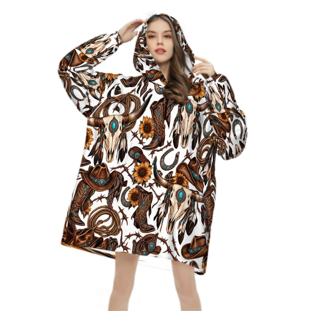 Adult Blanket Hoodie  Western Cowgirl Motif Pattern