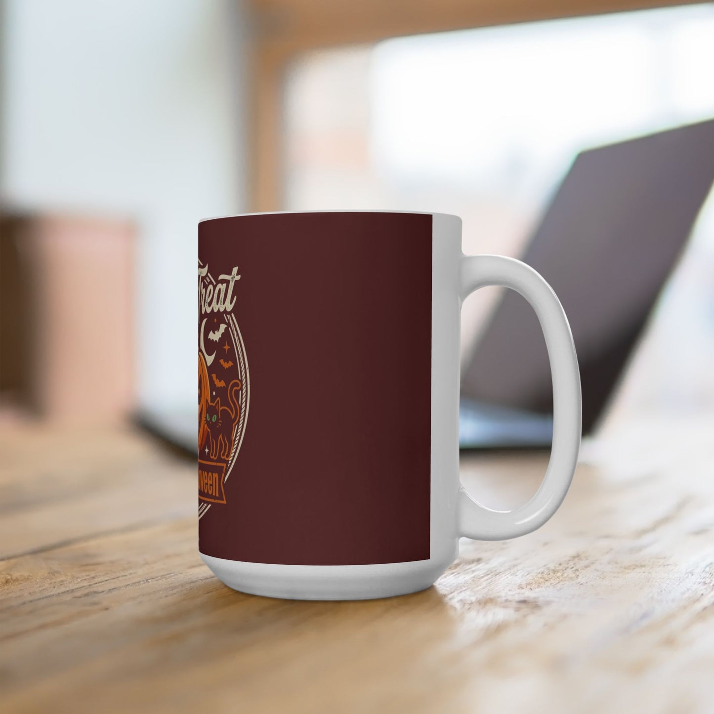 Halloween Trick or Treat Mug — Pumpkin, Ghost & Cat Ceramic Coffee Cup (11oz/15oz)
