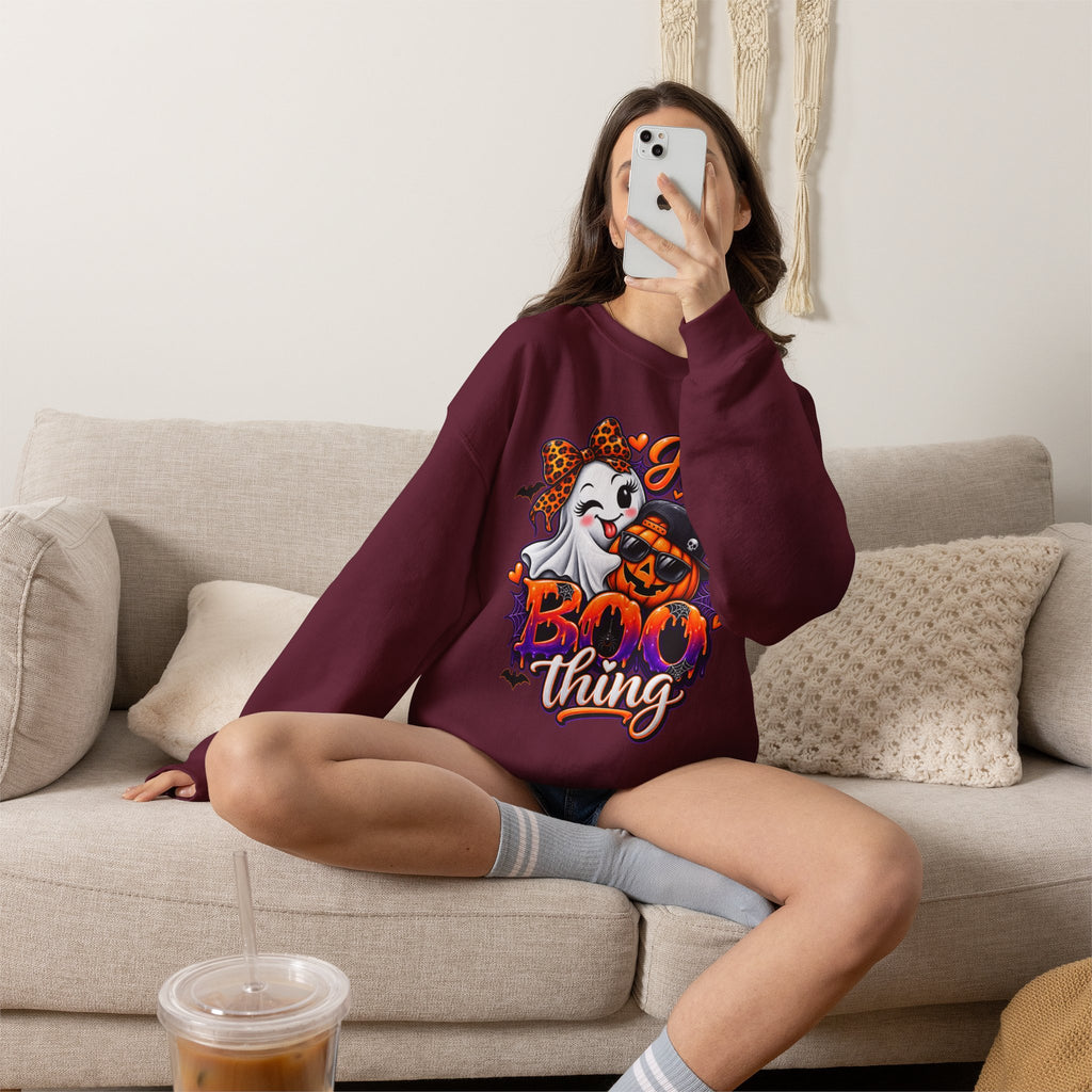 Sweatshirt — "He's My Boo Thing" Halloween Ghost & Jack-O'-Lantern Crewneck
