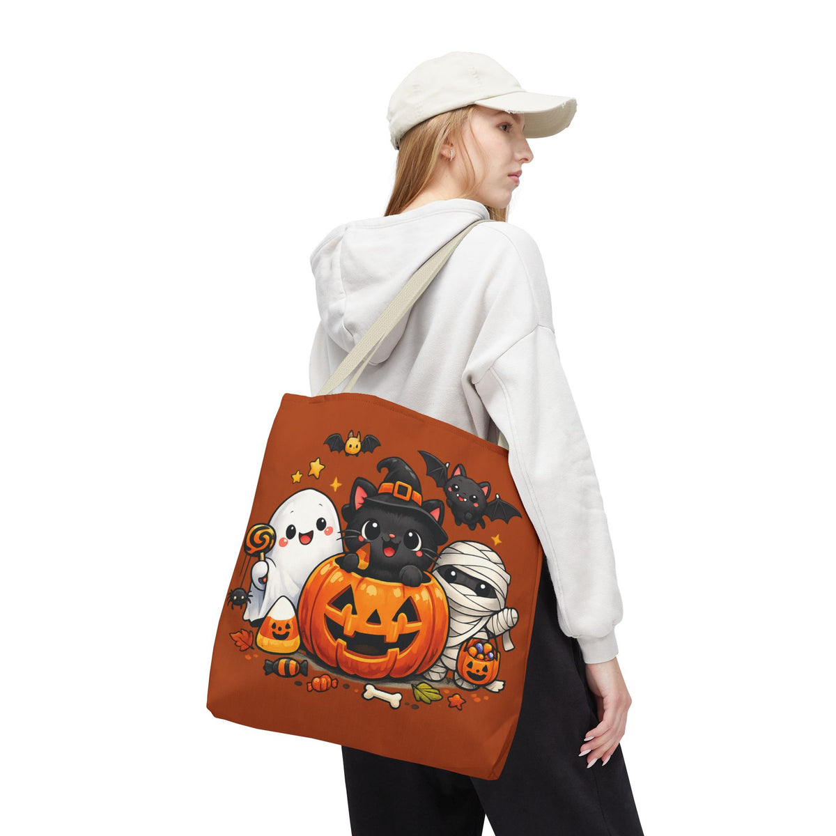 Halloween Cute Cat Pumpkin Tote Bag — Trick-or-Treat Witch Cat & Mummy Design