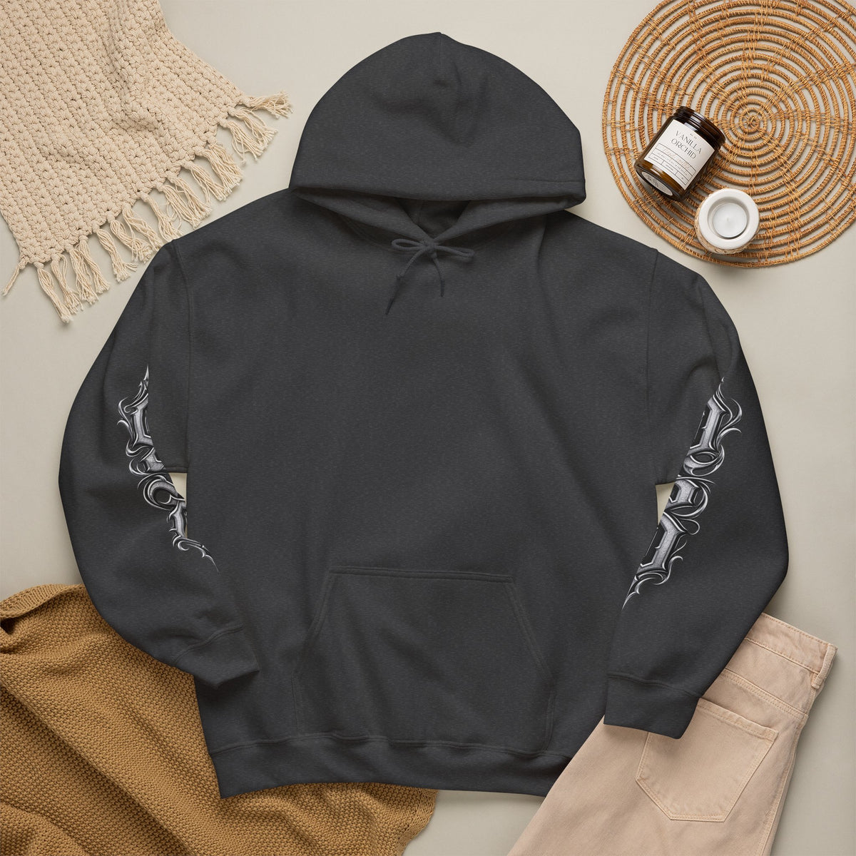 Hoodie — Ornate Gothic "OSD" Logo Sleeve & Back Streetwear Hoodie