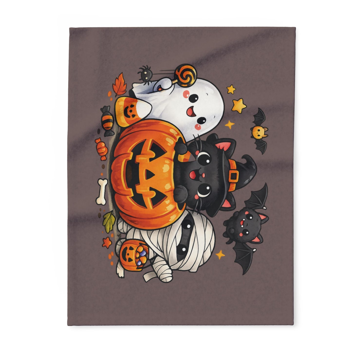 Halloween Kawaii Fleece Blanket — Cute Ghost, Black Cat & Mummy Pumpkin Design