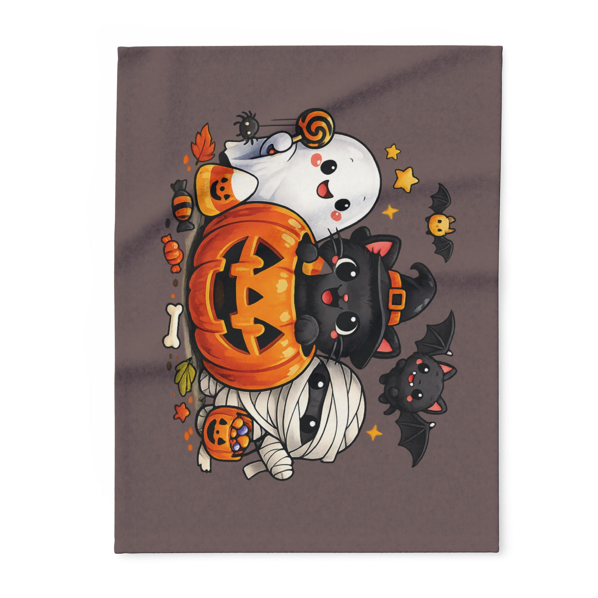 Halloween Kawaii Fleece Blanket — Cute Ghost, Black Cat & Mummy Pumpkin Design