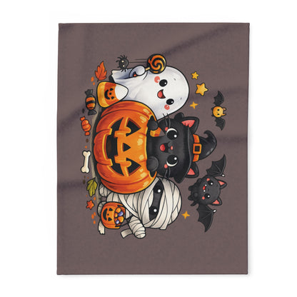 Halloween Kawaii Fleece Blanket — Cute Ghost, Black Cat & Mummy Pumpkin Design