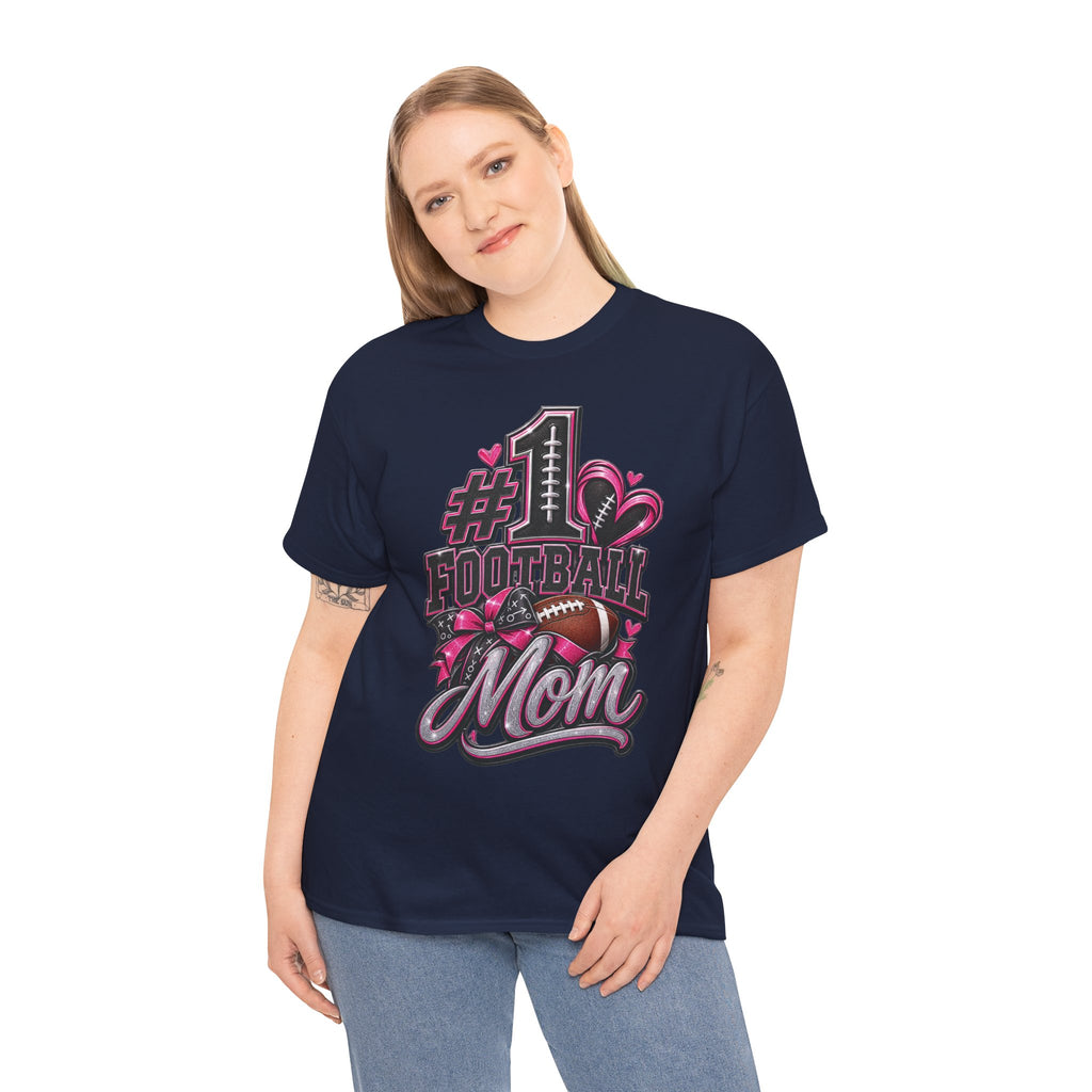 #1 Football Mom T-Shirt — Pink Heart Football Mom Tee for Game Day