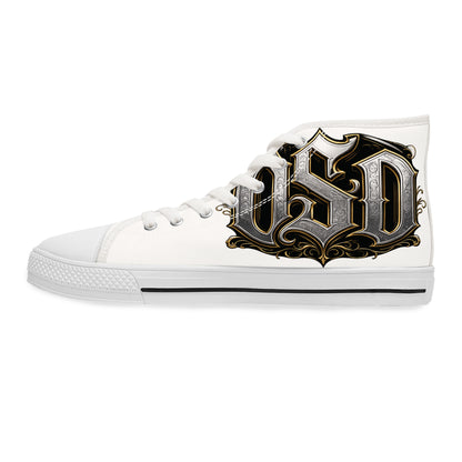 Women's High Top Sneakers — Gothic Monogram Black & Gold Vintage Initials