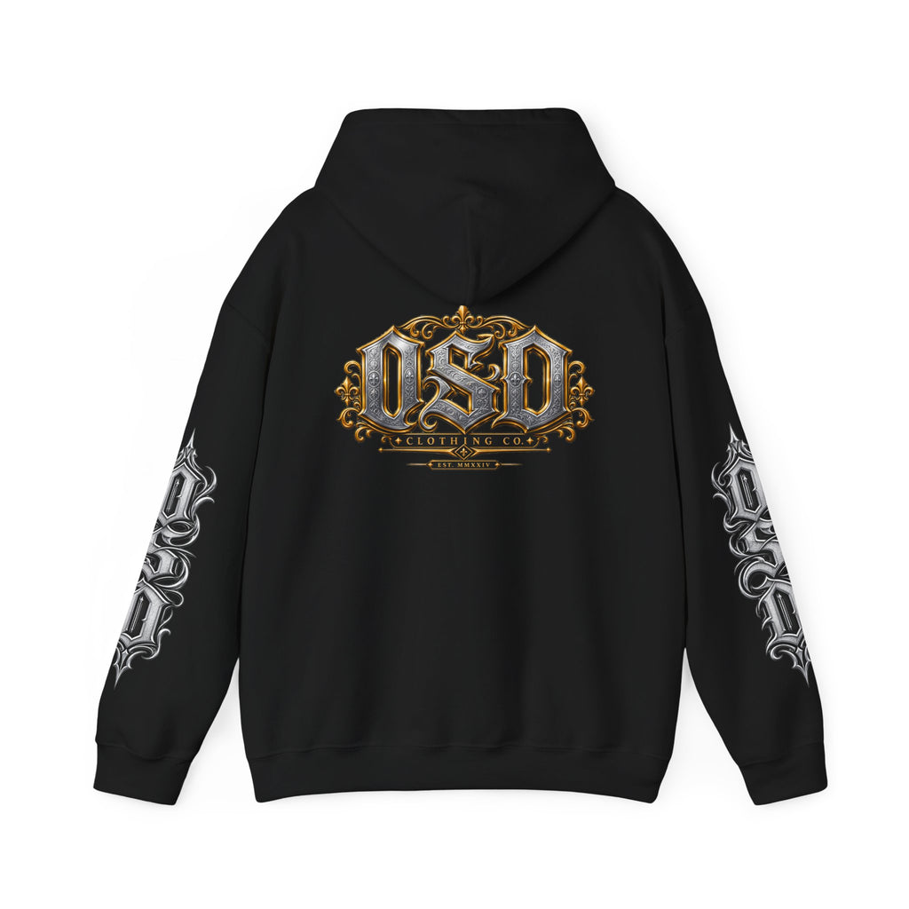 Hoodie — Ornate Gothic "OSD" Logo Sleeve & Back Streetwear Hoodie