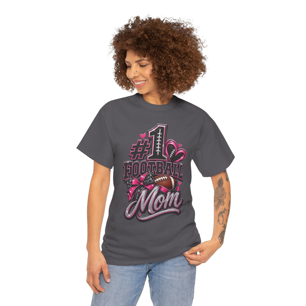 #1 Football Mom T-Shirt — Pink Heart Football Mom Tee for Game Day