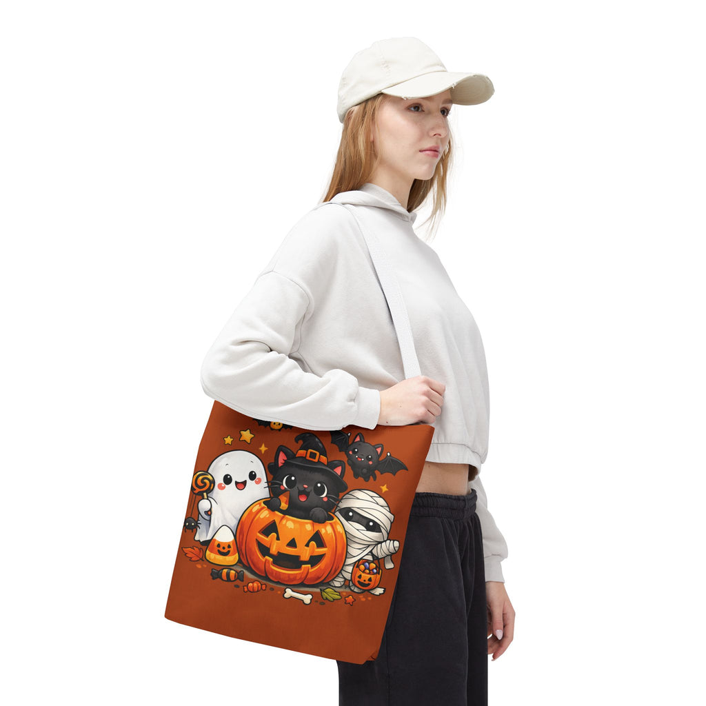 Halloween Cute Cat Pumpkin Tote Bag — Trick-or-Treat Witch Cat & Mummy Design