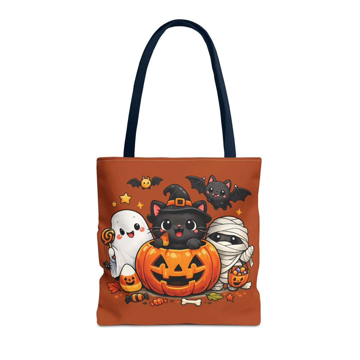 Halloween Cute Cat Pumpkin Tote Bag — Trick-or-Treat Witch Cat & Mummy Design