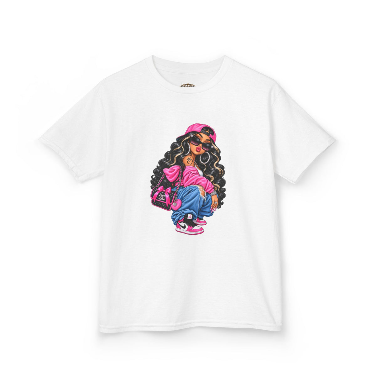 Kids Tee — Cool Girl Graphic Shirt (pink hat, backpack)