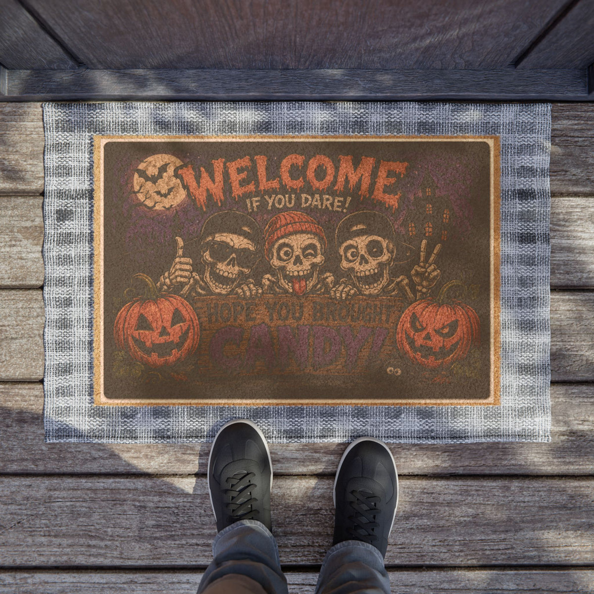 Halloween Skeletons ‘Welcome If You Dare’ Doormat – Spooky Pumpkin Porch Mat