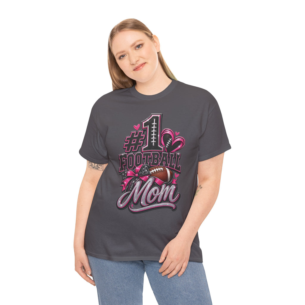 #1 Football Mom T-Shirt — Pink Heart Football Mom Tee for Game Day