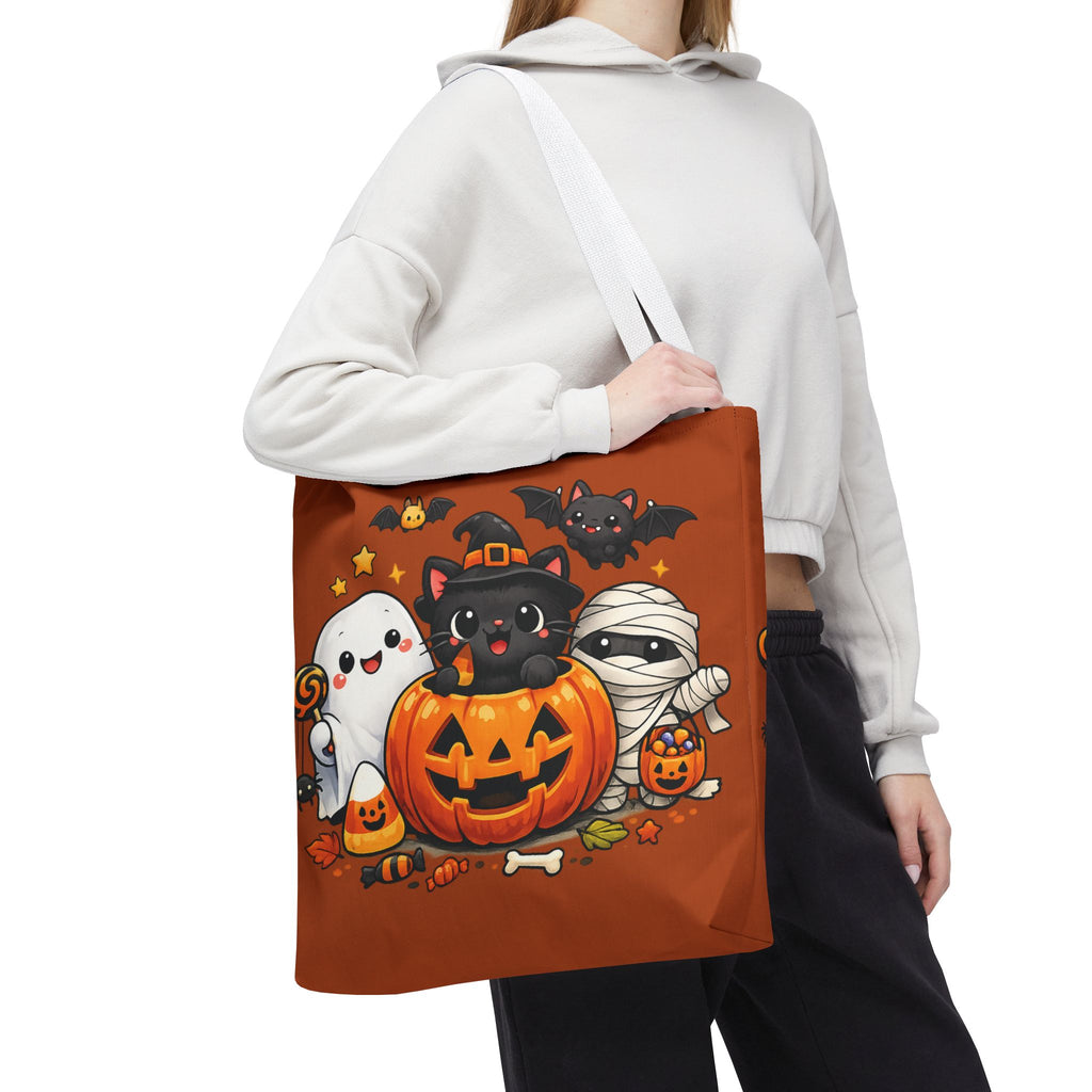 Halloween Cute Cat Pumpkin Tote Bag — Trick-or-Treat Witch Cat & Mummy Design