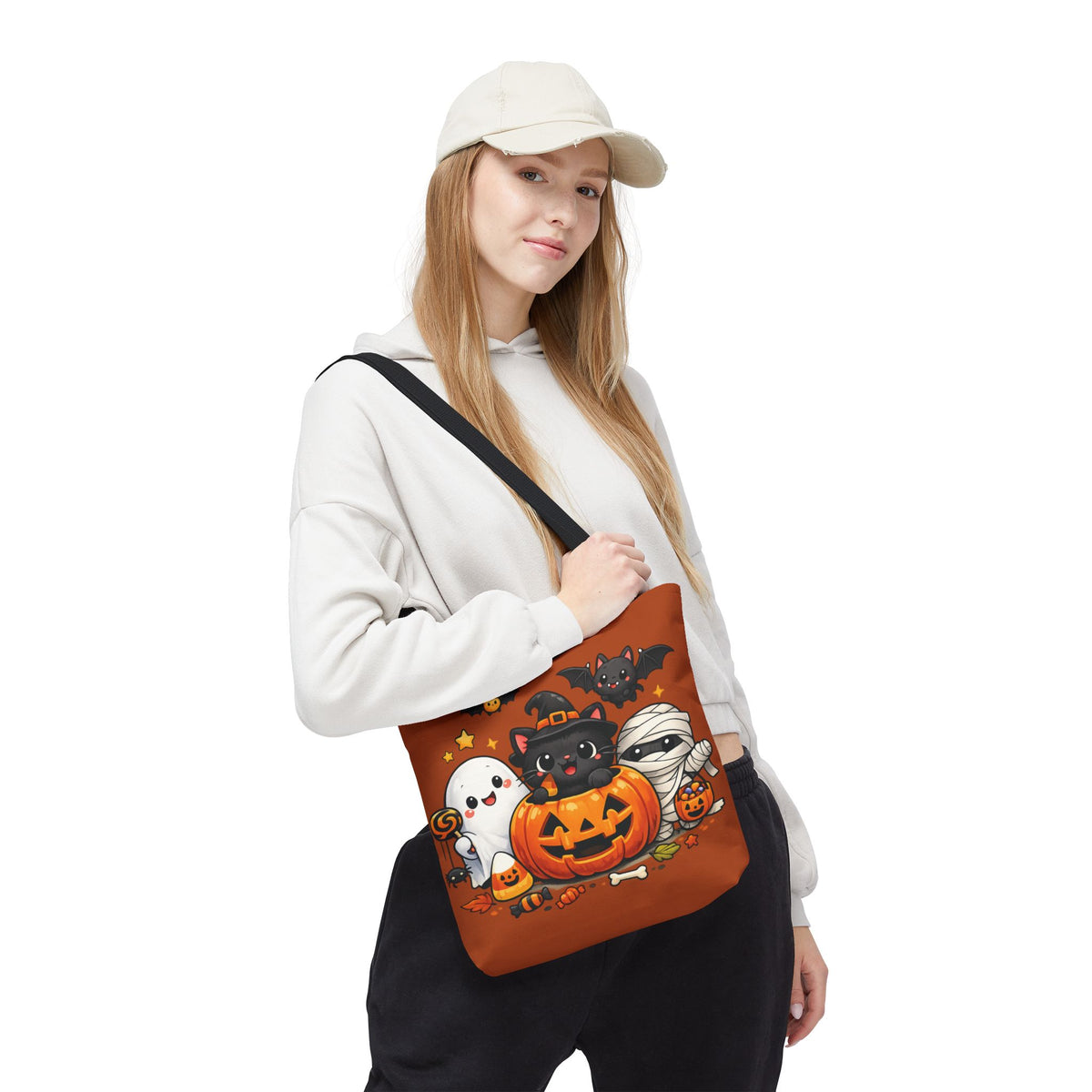 Halloween Cute Cat Pumpkin Tote Bag — Trick-or-Treat Witch Cat & Mummy Design