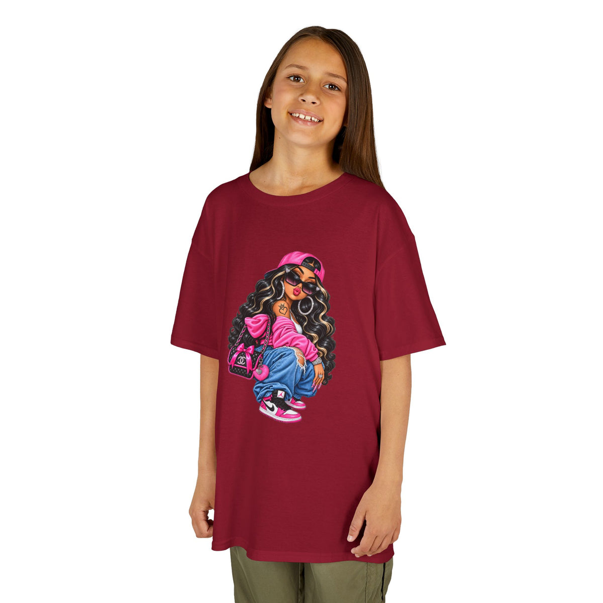 Kids Tee — Cool Girl Graphic Shirt (pink hat, backpack)