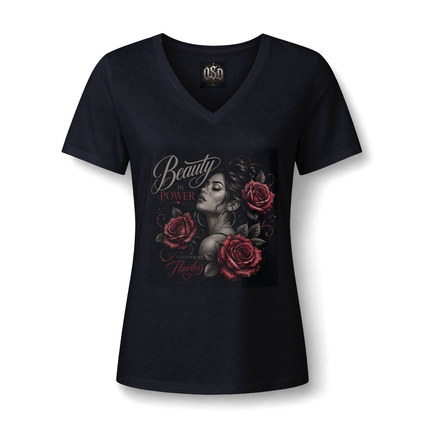 Women's V‑Neck Tee — "Beauty & Power" Gothic Rose Graphic