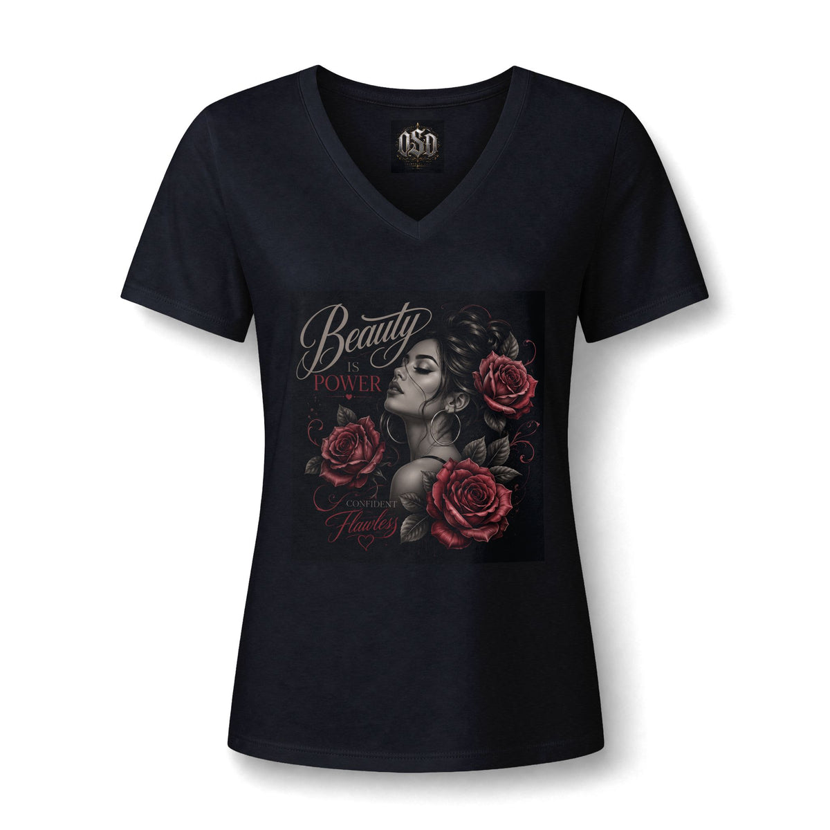 Women's V‑Neck Tee — "Beauty & Power" Gothic Rose Graphic