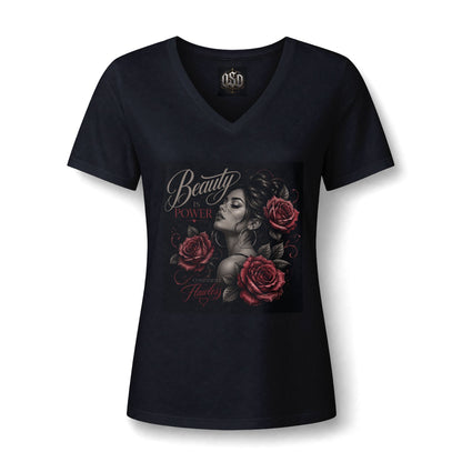 Women's V‑Neck Tee — "Beauty & Power" Gothic Rose Graphic