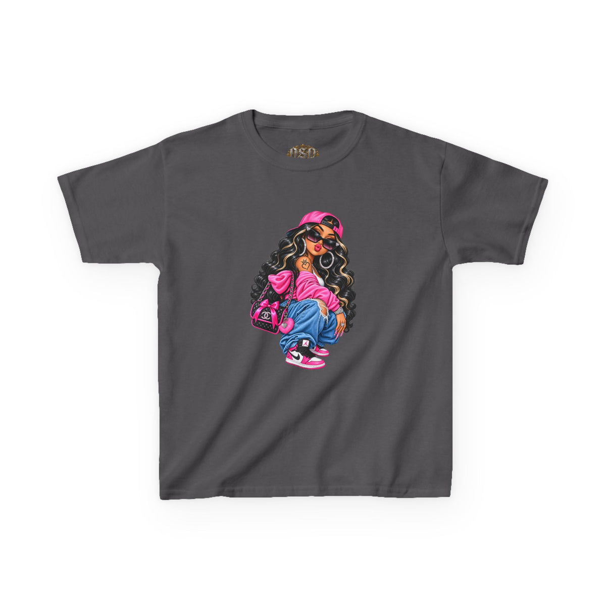 Kids Tee — Cool Girl Graphic Shirt (pink hat, backpack)