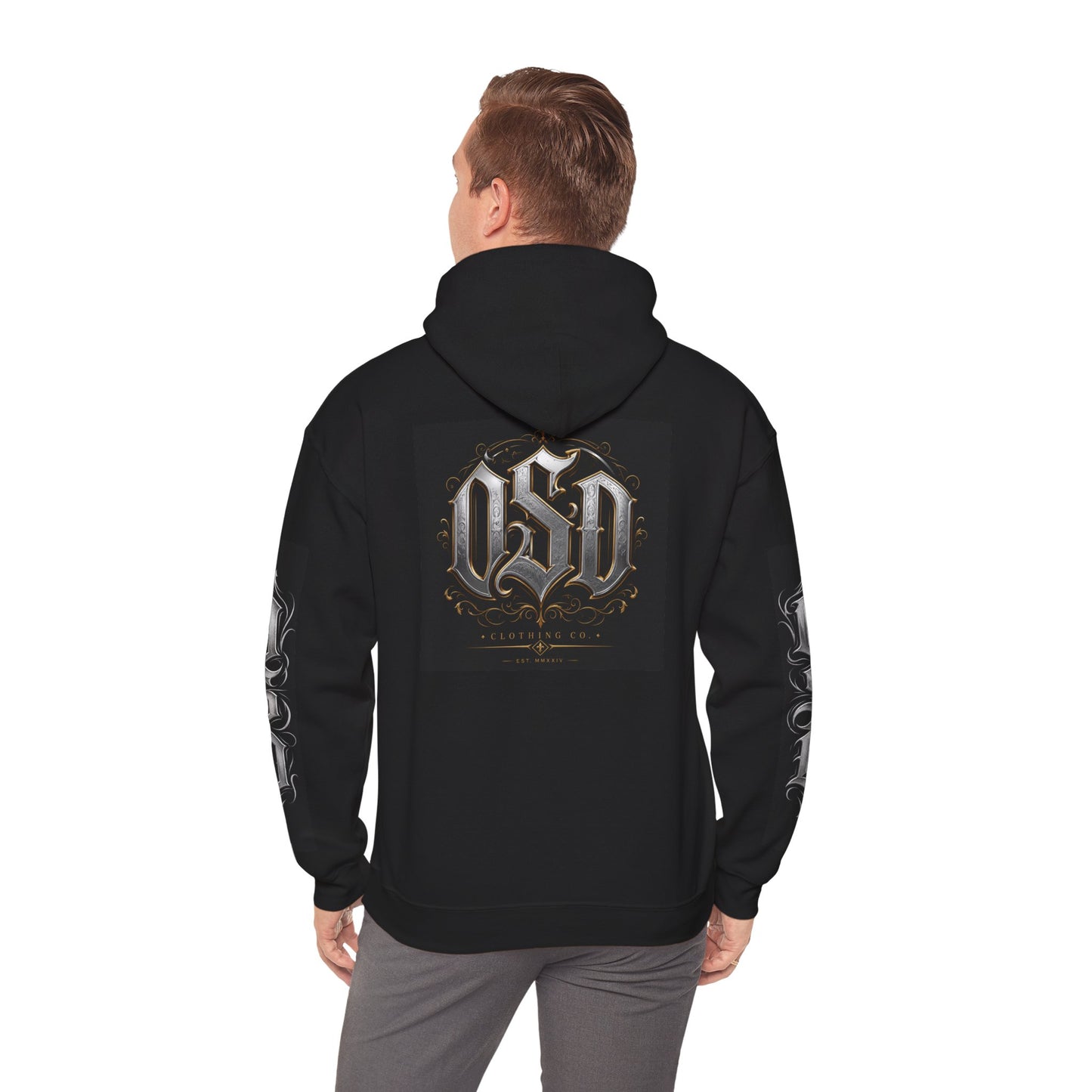 Graphic Hoodie — Gothic "OSD" Logo Pullover with Sleeve Panels