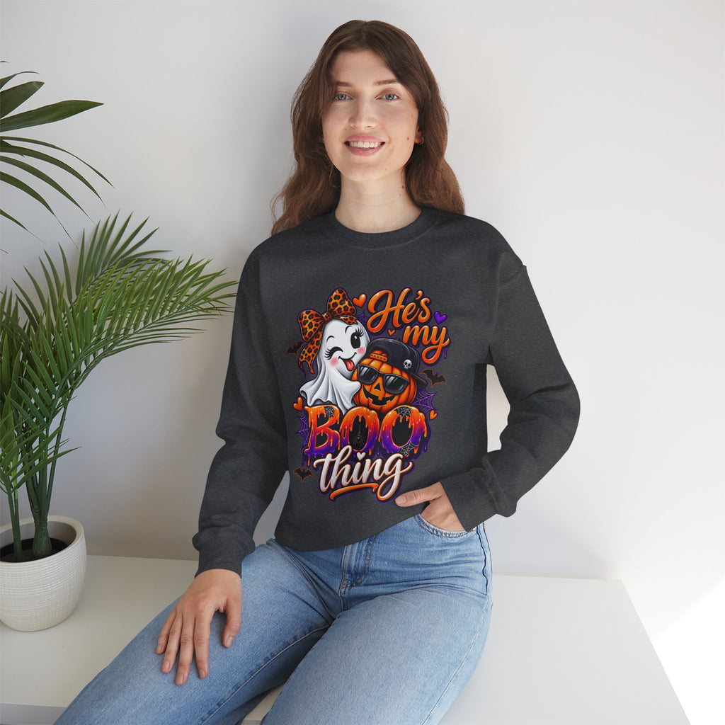 Sweatshirt — "He's My Boo Thing" Halloween Ghost & Jack-O'-Lantern Crewneck