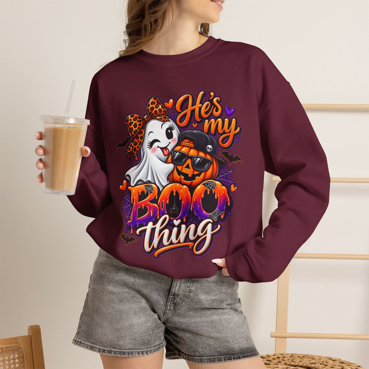 Sweatshirt — "He's My Boo Thing" Halloween Ghost & Jack-O'-Lantern Crewneck