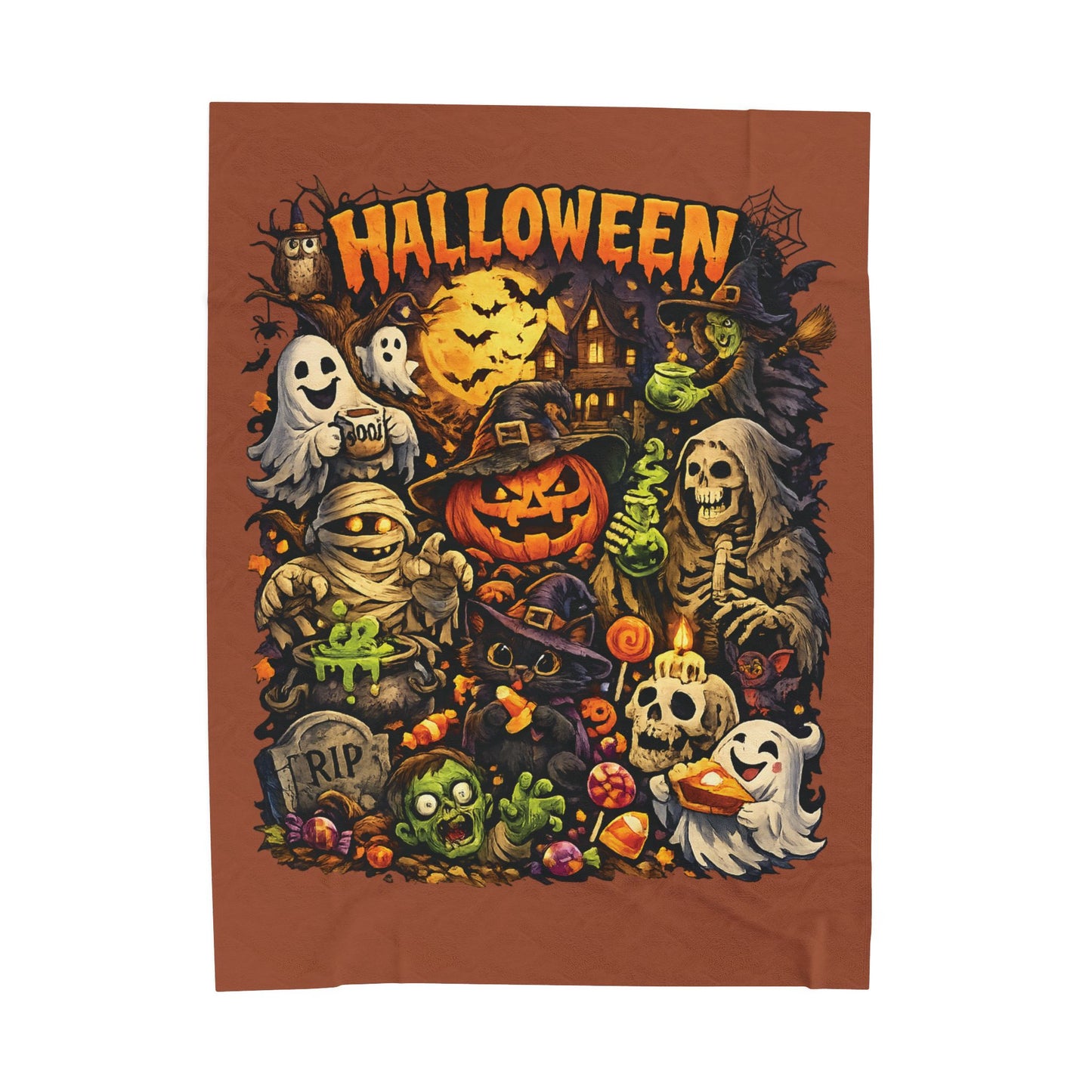 Halloween Velveteen Plush Blanket — Cute Spooky Pumpkin, Ghosts & Skeletons Throw