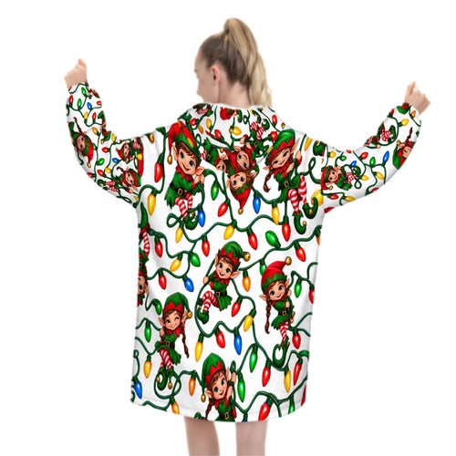 Adult Blanket Hoodie Cute Elves Tangled in Christmas Lights
