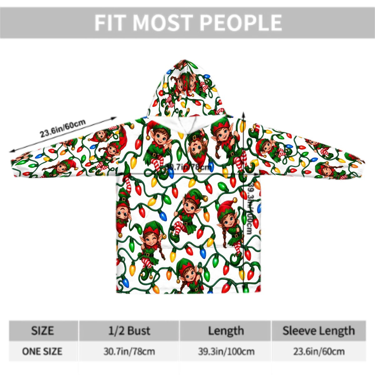 Adult Blanket Hoodie Cute Elves Tangled in Christmas Lights